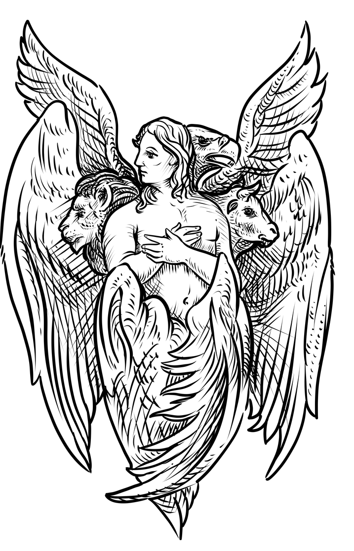 Line drawing of a winged cherub with four heads, a woman at the centre, a lion on the left, an ox on the right and an eagle behind