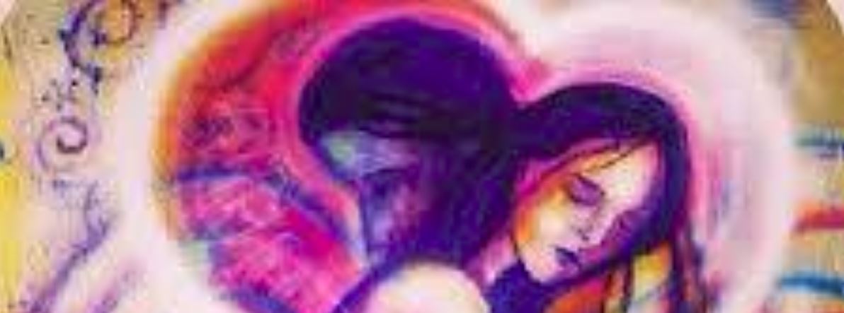 Painting in pink and violet tones of a man and a woman embracing with their eyes closed