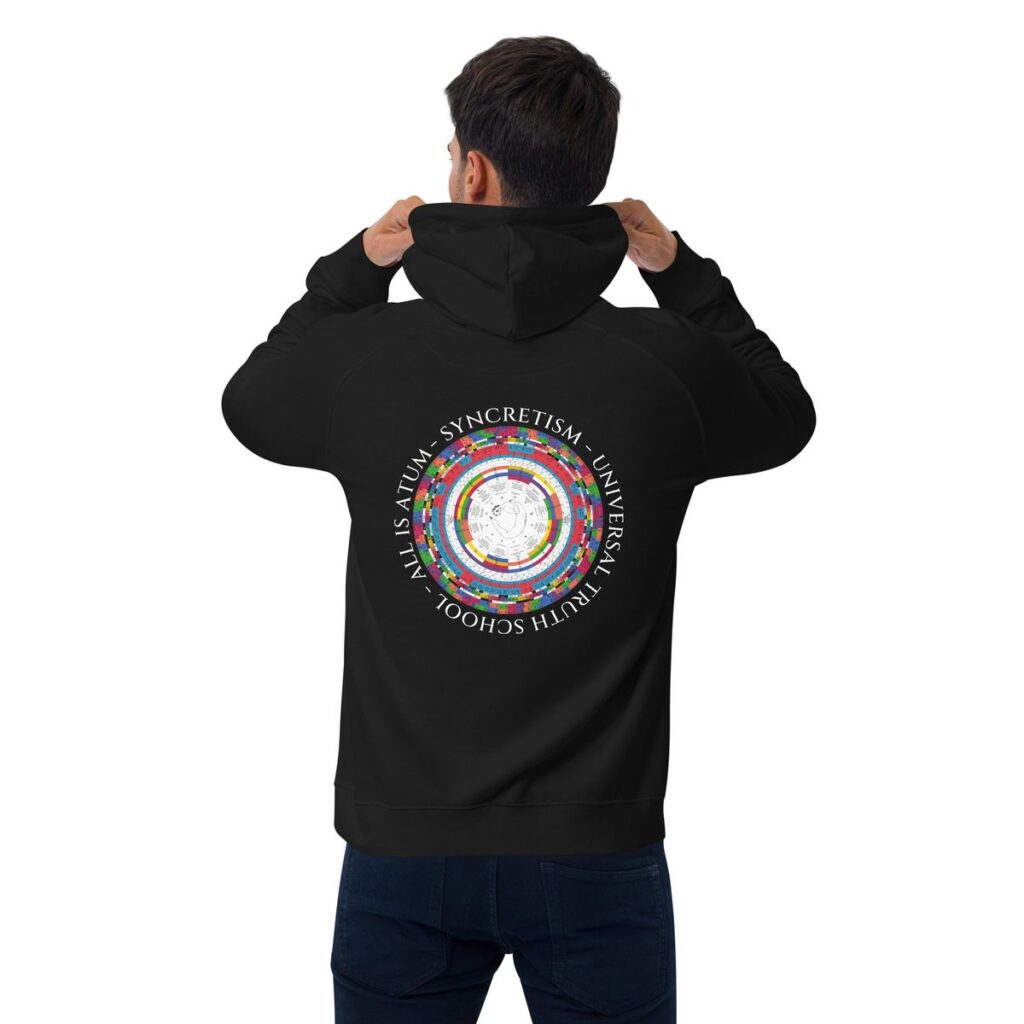 Black hooded top with the Syncrota emblem on the back