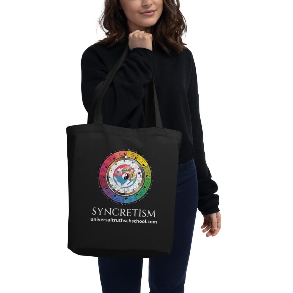 Black tote bag with the Syncretism wheel