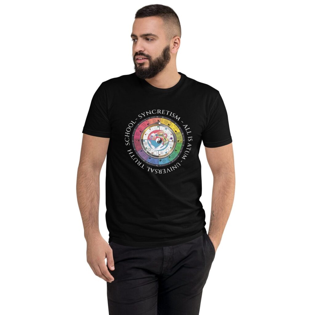 Black t-shirt with the Syncretism wheel on the chest