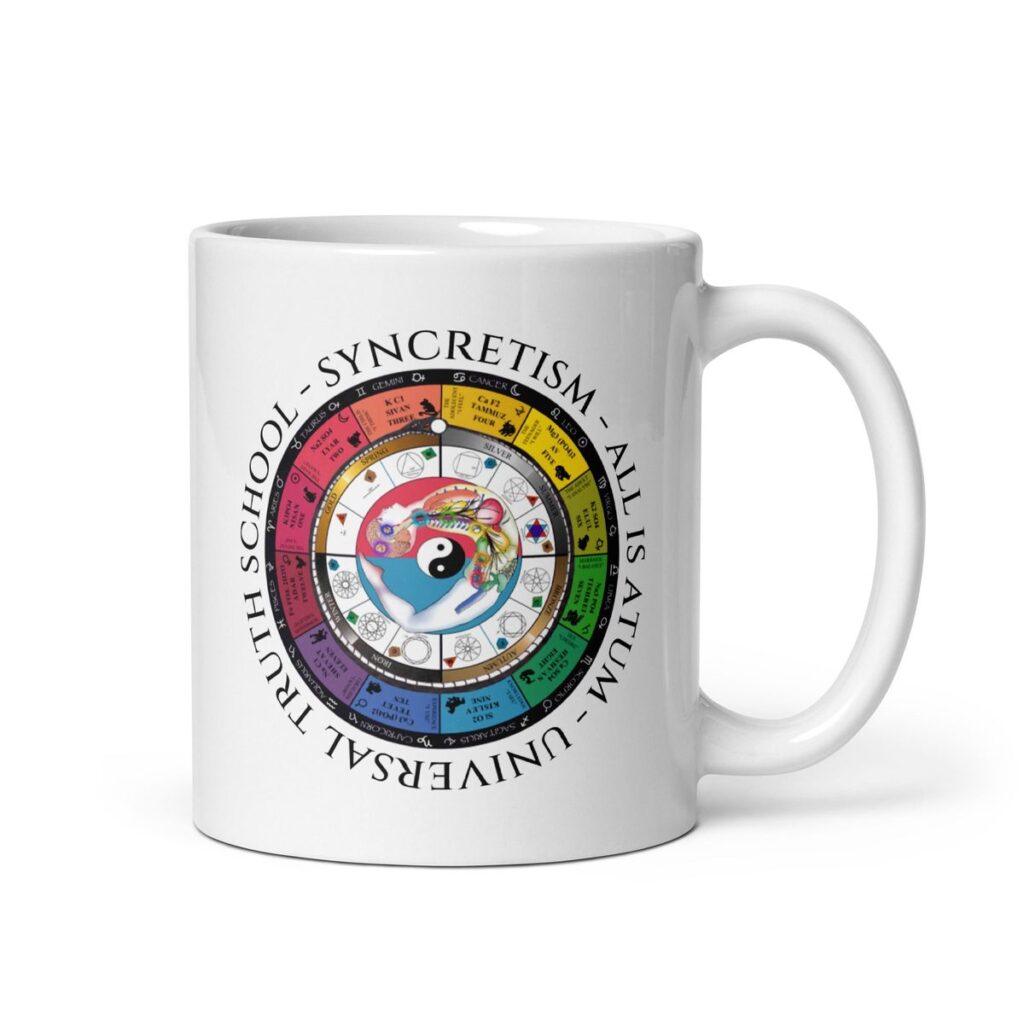 White mug with the Syncretism wheel on one side