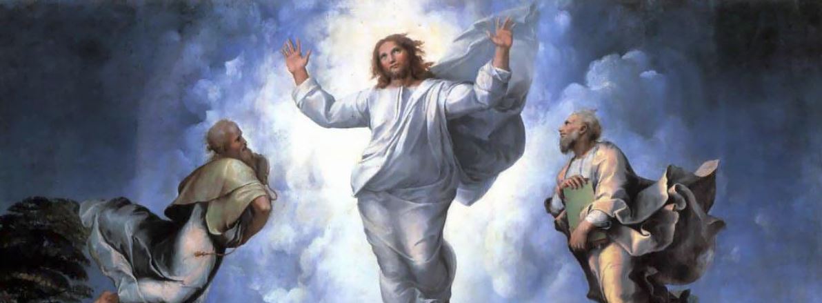 Upper part of the Transfiguration by Raphael: Christ in white with raised arms, lifted into a bright cloud between Elijah and Moses